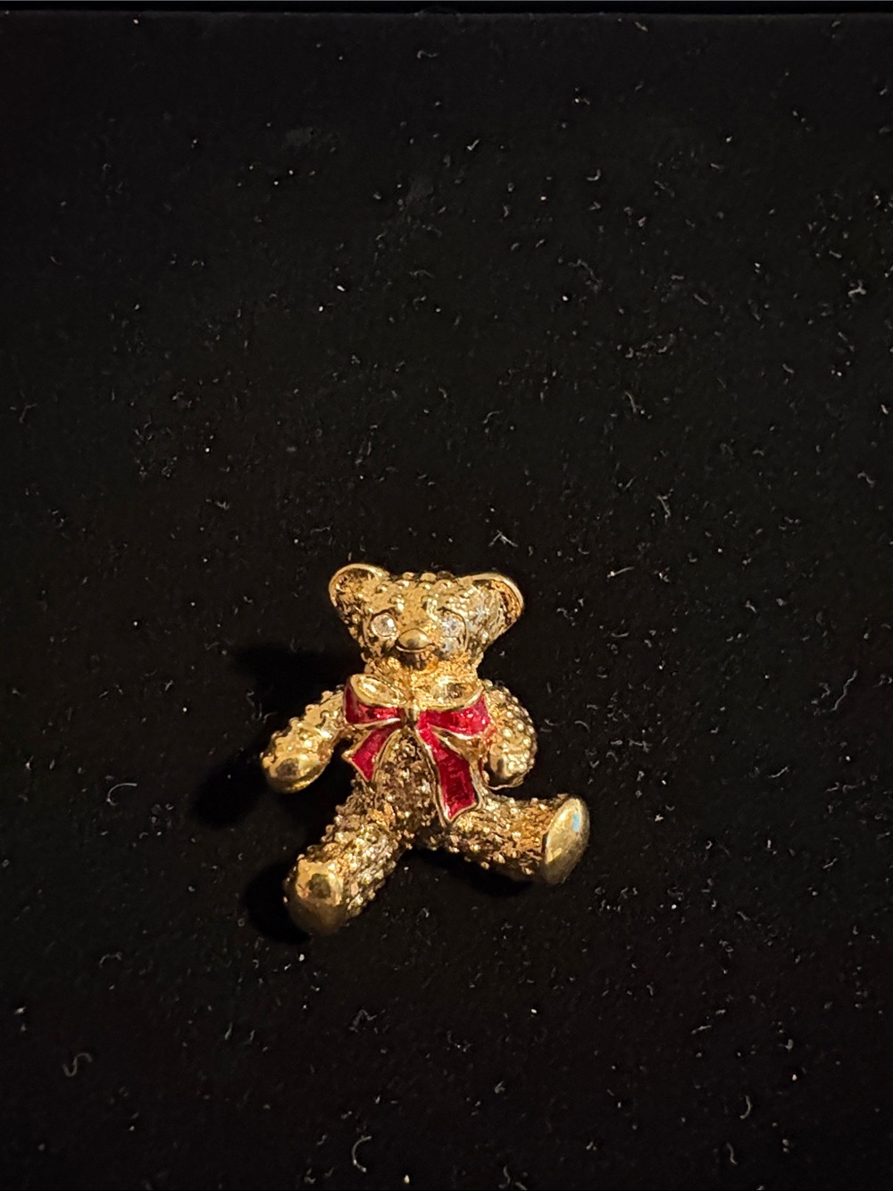 Source Unknown Gold Teddy Bear Brooch with Red Bow Accent